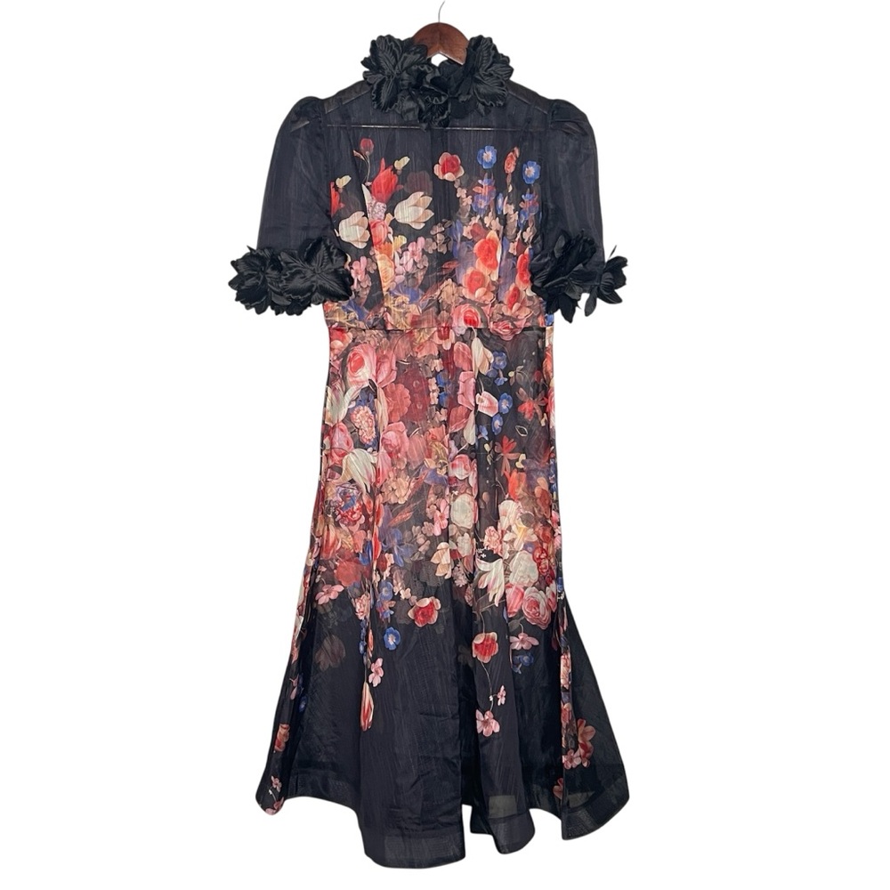 Black Multicolor Floral Sheer Midi Dress Floral Applique Hi-Neck Flare Women XL - Picture 2 of 14